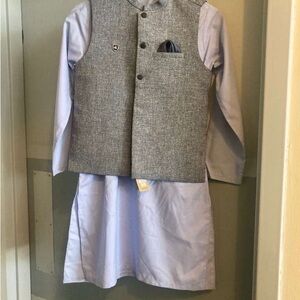 Boys Gray Textured Vest with Light Blue shalwar Kameez Desi wear